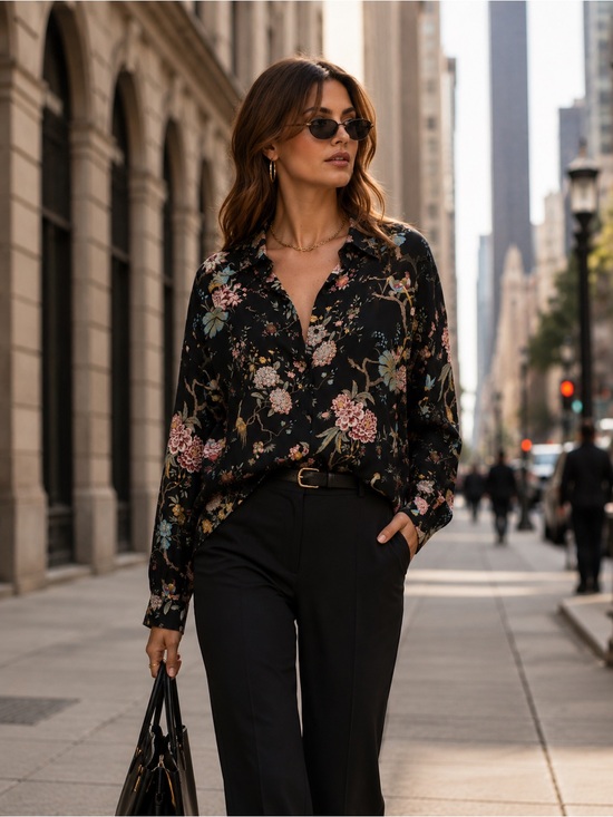 H&M Tops - H&M Black and Pink Boxy Blouse with Notched Collar